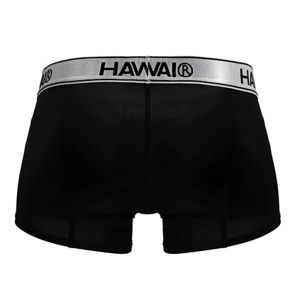 Black hawai 41977 microfiber boxer briefs in black with a silver waistband and bold black lettering