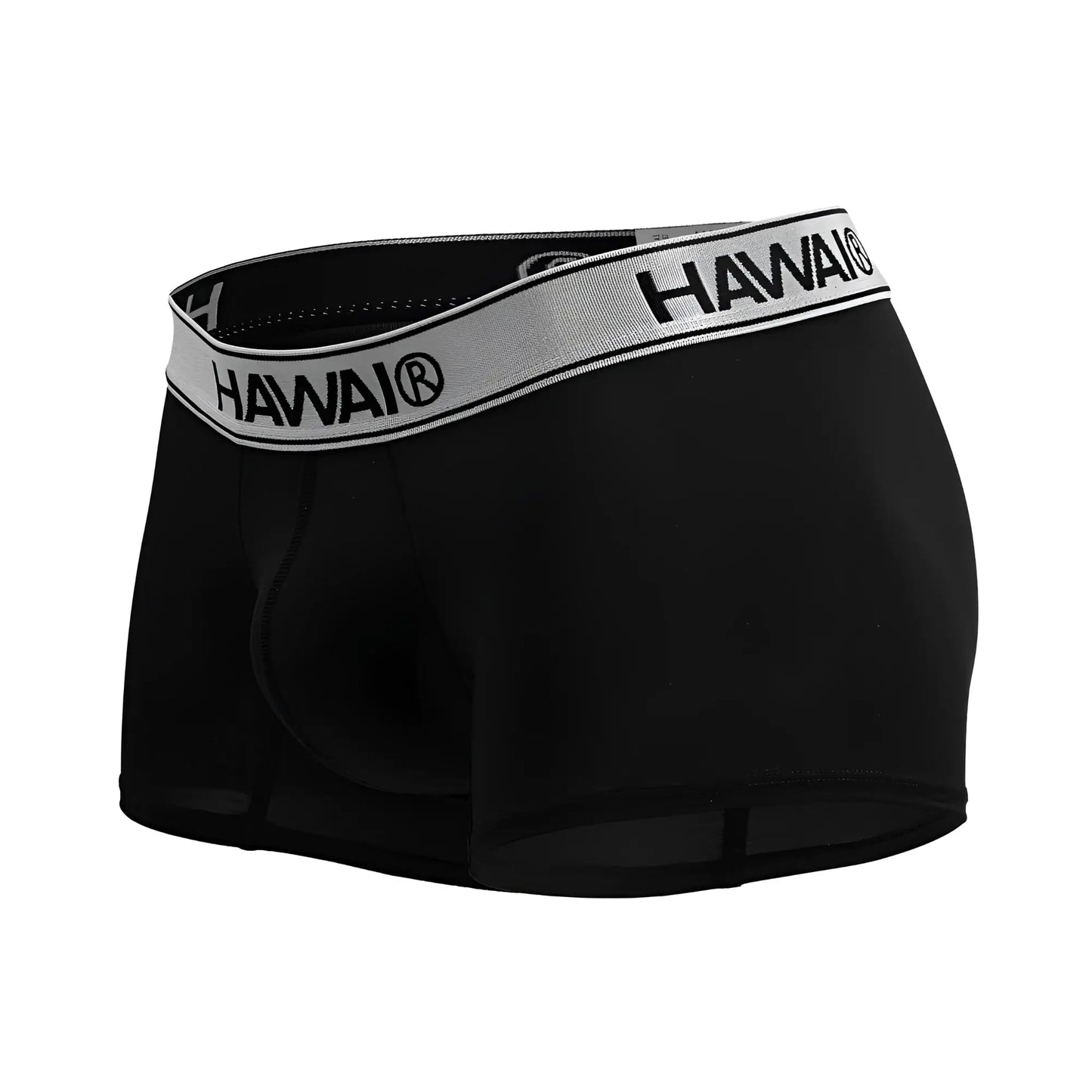 Black hawai microfiber trunks in black with gray waistband featuring black brand name lettering