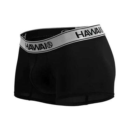 Black hawai microfiber trunks in black with gray waistband featuring black brand name lettering