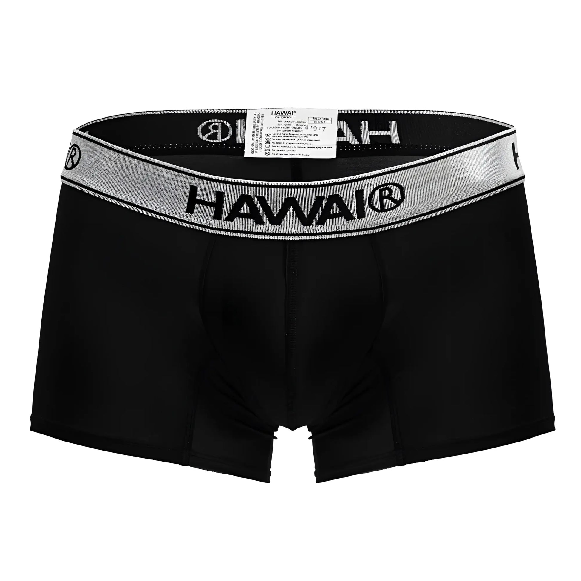 Black hawai 41977 microfiber men’s boxer briefs in black with a silver-striped elastic waistband