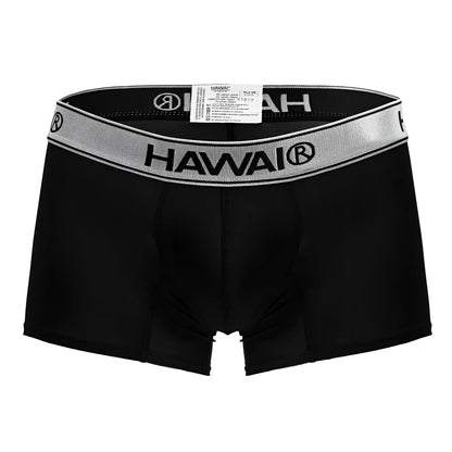 Black hawai 41977 microfiber men’s boxer briefs in black with a silver-striped elastic waistband