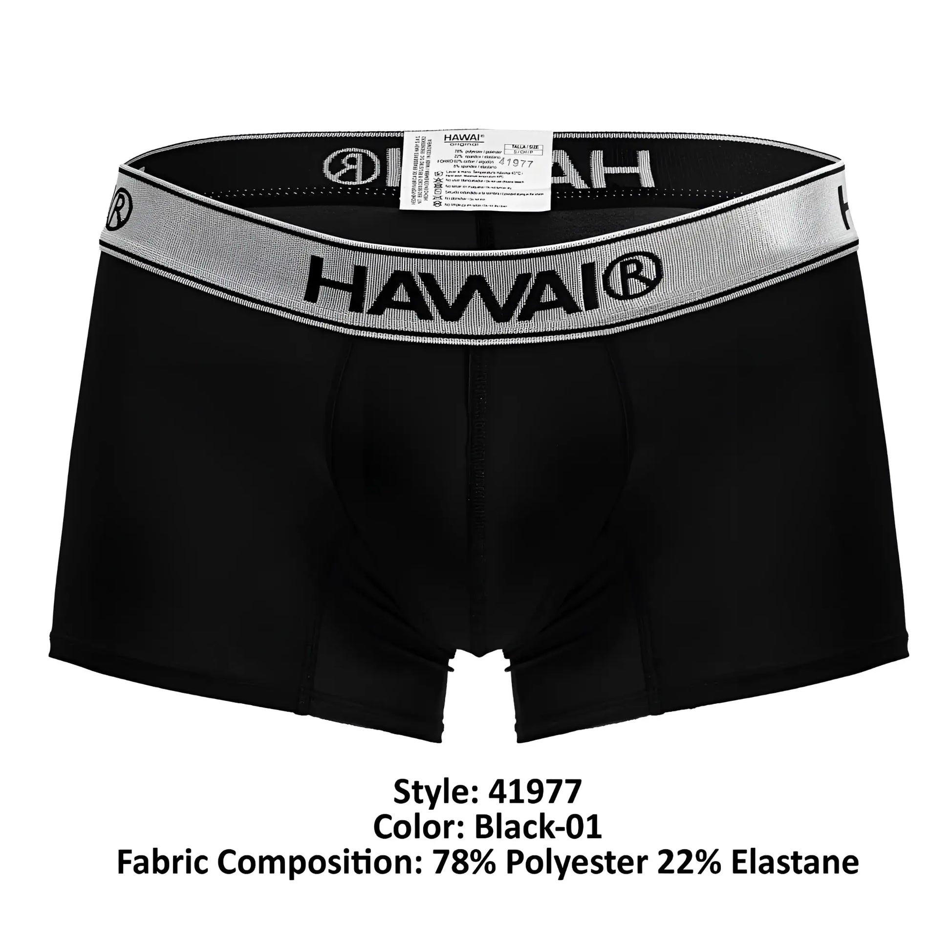 Black hawaii microfiber boxer briefs in black with a silver-striped elastic waistband for comfortable wear