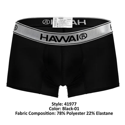 Black hawaii microfiber boxer briefs in black with a silver-striped elastic waistband for comfortable wear