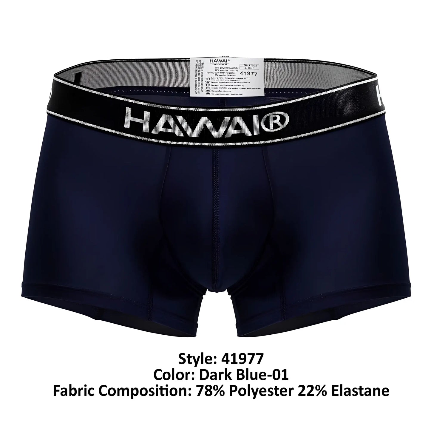Dark blue hawai 41977 microfiber boxer briefs with black elastic waistband featuring white lettering and trim