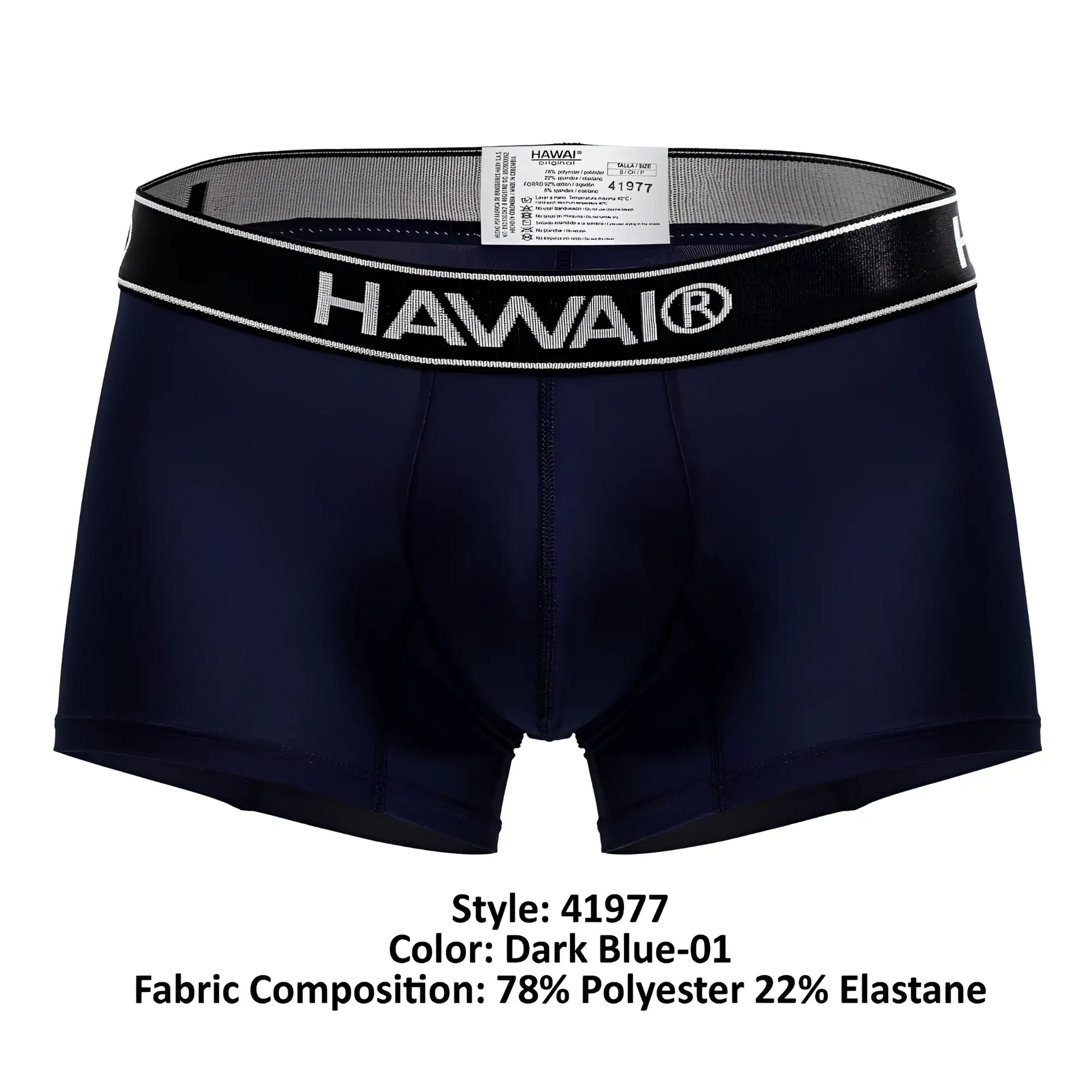 Dark blue hawai 41977 microfiber boxer briefs with black elastic waistband featuring white lettering and trim