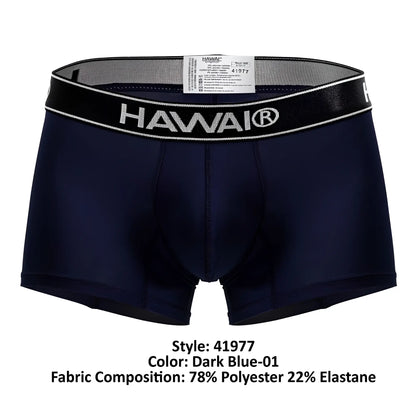 Dark blue hawai 41977 microfiber boxer briefs with black elastic waistband featuring white lettering and trim
