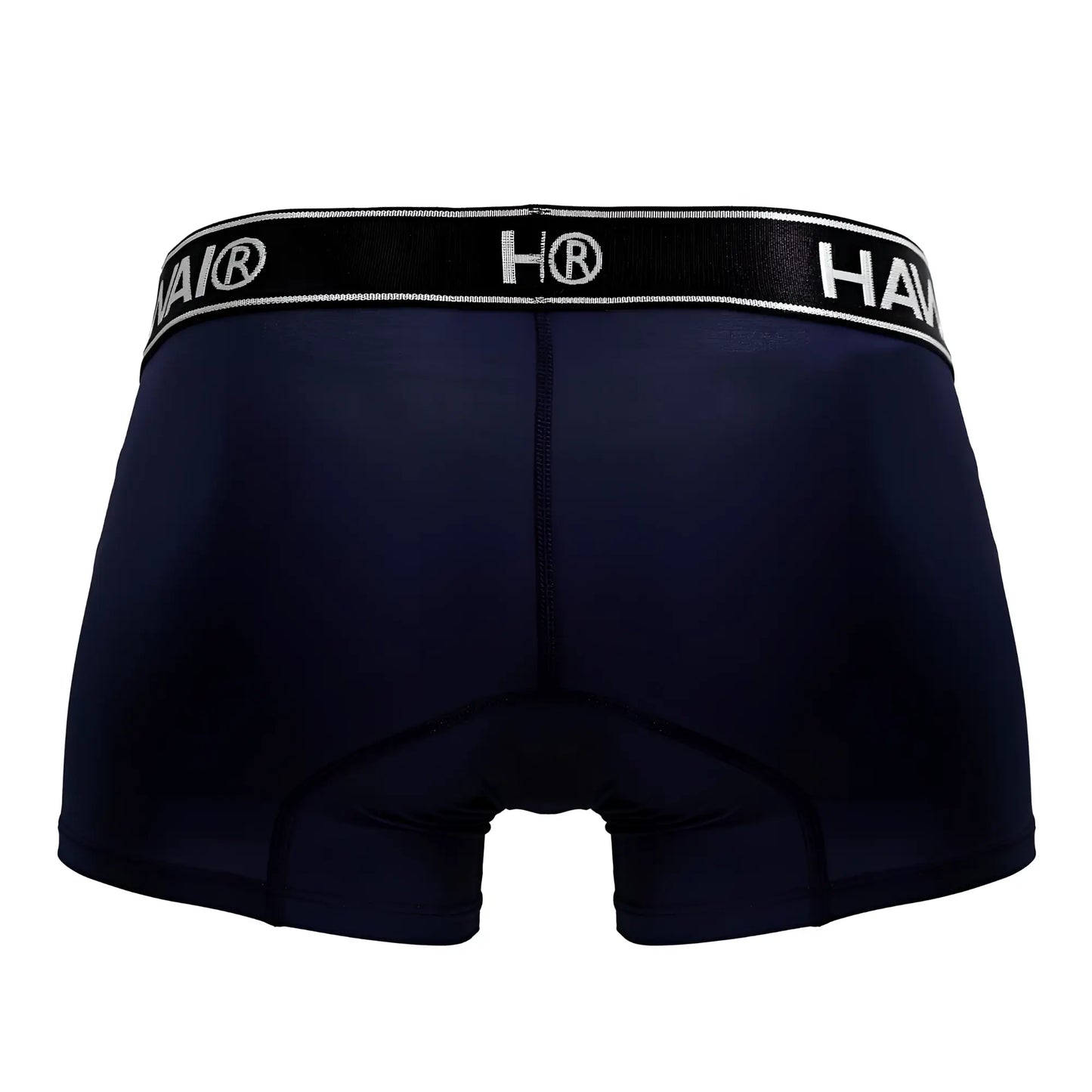 Navy blue hai briefs with black elastic waistband featuring white lettering and logo made of microfiber trunks