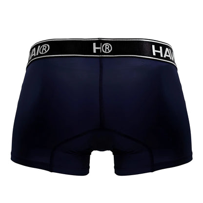 Navy blue hai briefs with black elastic waistband featuring white lettering and logo made of microfiber trunks