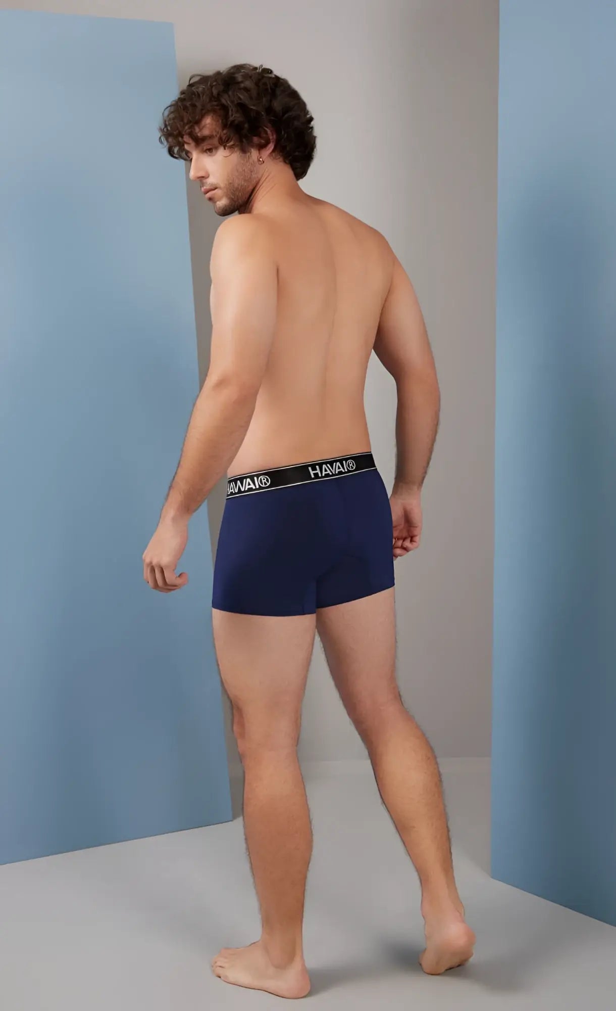 Navy blue Havaianas microfiber boxer briefs with black elastic waistband and branded logo for comfortable wear