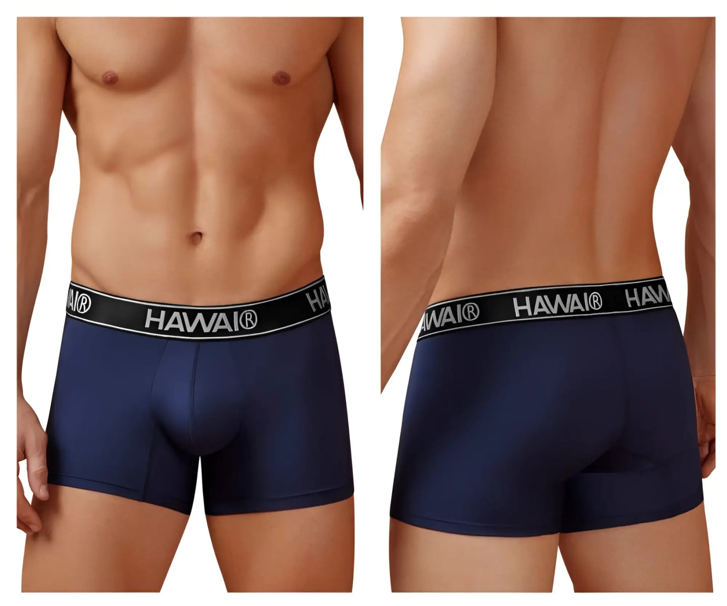 Navy blue hawai 41977 microfiber men’s briefs with black elastic waistband and white lettering