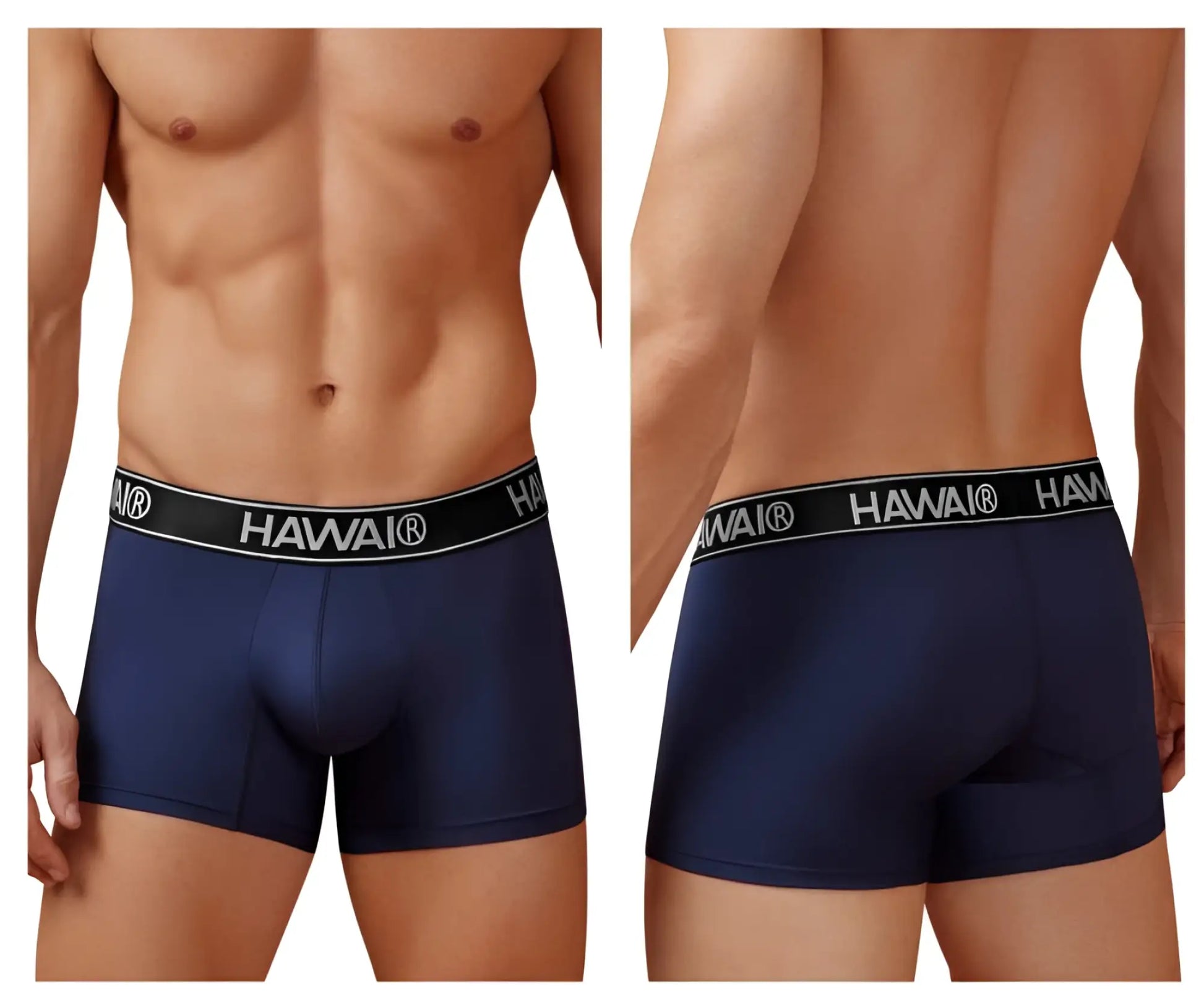 Navy blue hawai 41977 microfiber men’s briefs with black elastic waistband and white lettering
