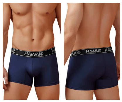 Navy blue hawai 41977 microfiber men’s briefs with black elastic waistband and white lettering