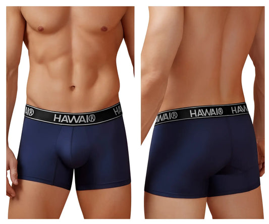Navy blue hawai 41977 microfiber men’s briefs with black elastic waistband and white lettering