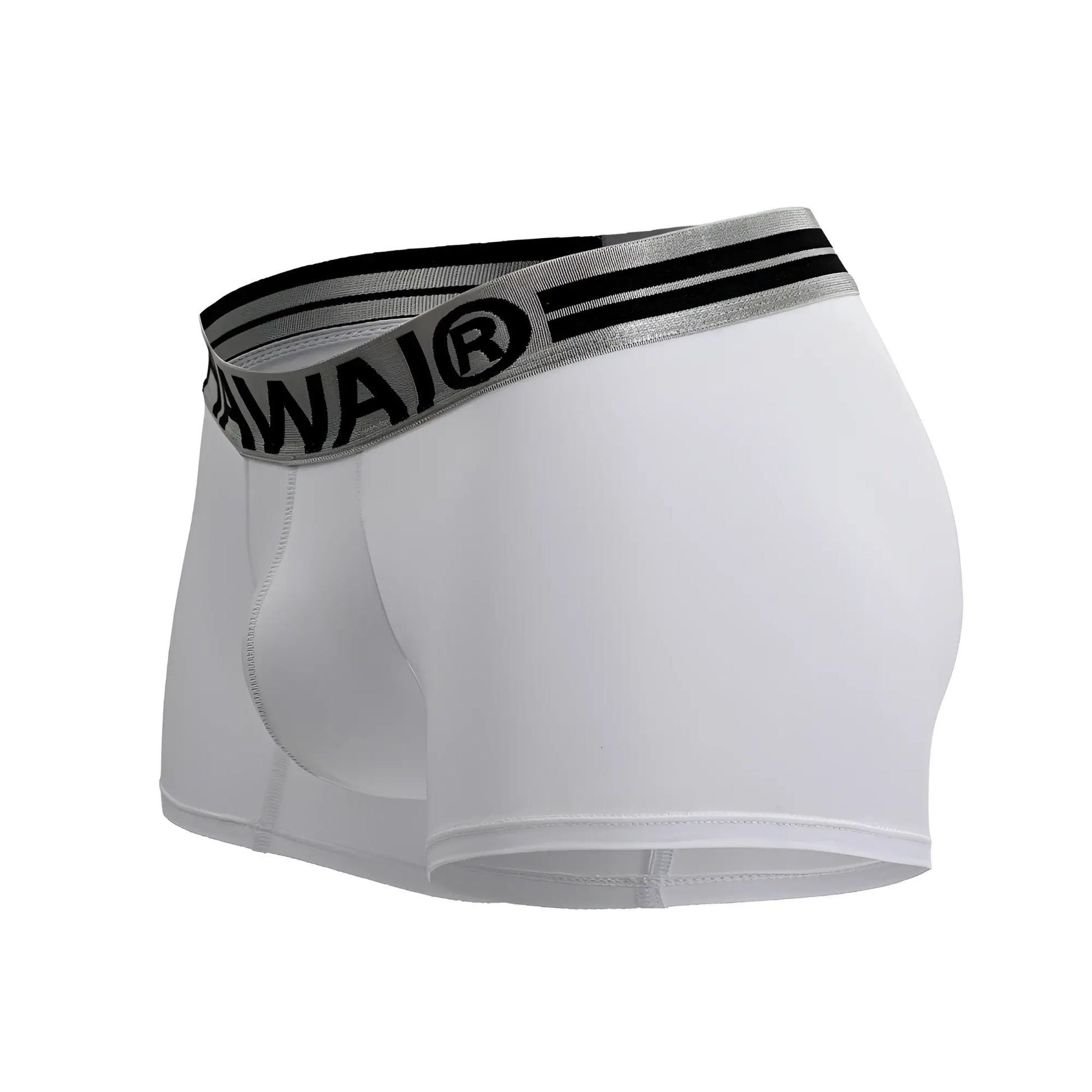 White Hawai 41977 microfiber boxer briefs with gray and black elastic waistband featuring Hawai logo