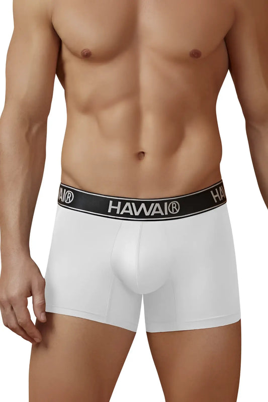 White Hawai microfiber boxer briefs with black elastic waistband and white brand lettering in color white 01