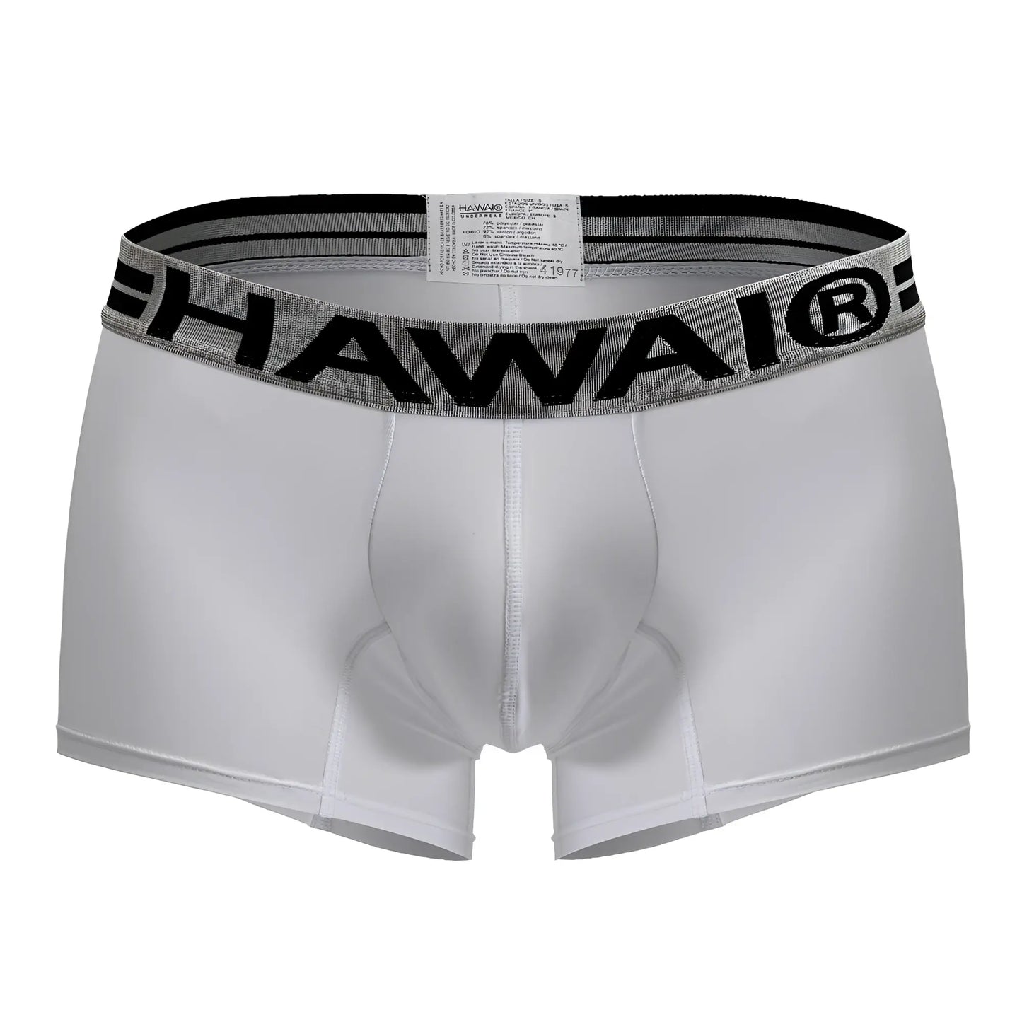 White hawai microfiber trunks in white with black and gray elastic waistband featuring bold lettering