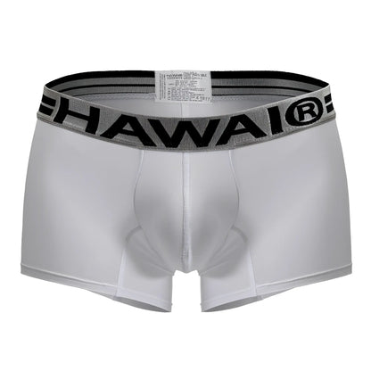 White hawai microfiber trunks in white with black and gray elastic waistband featuring bold lettering