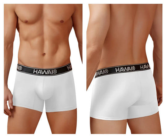 White hawaii microfiber boxer briefs with a black elastic waistband featuring the brand name in white lettering