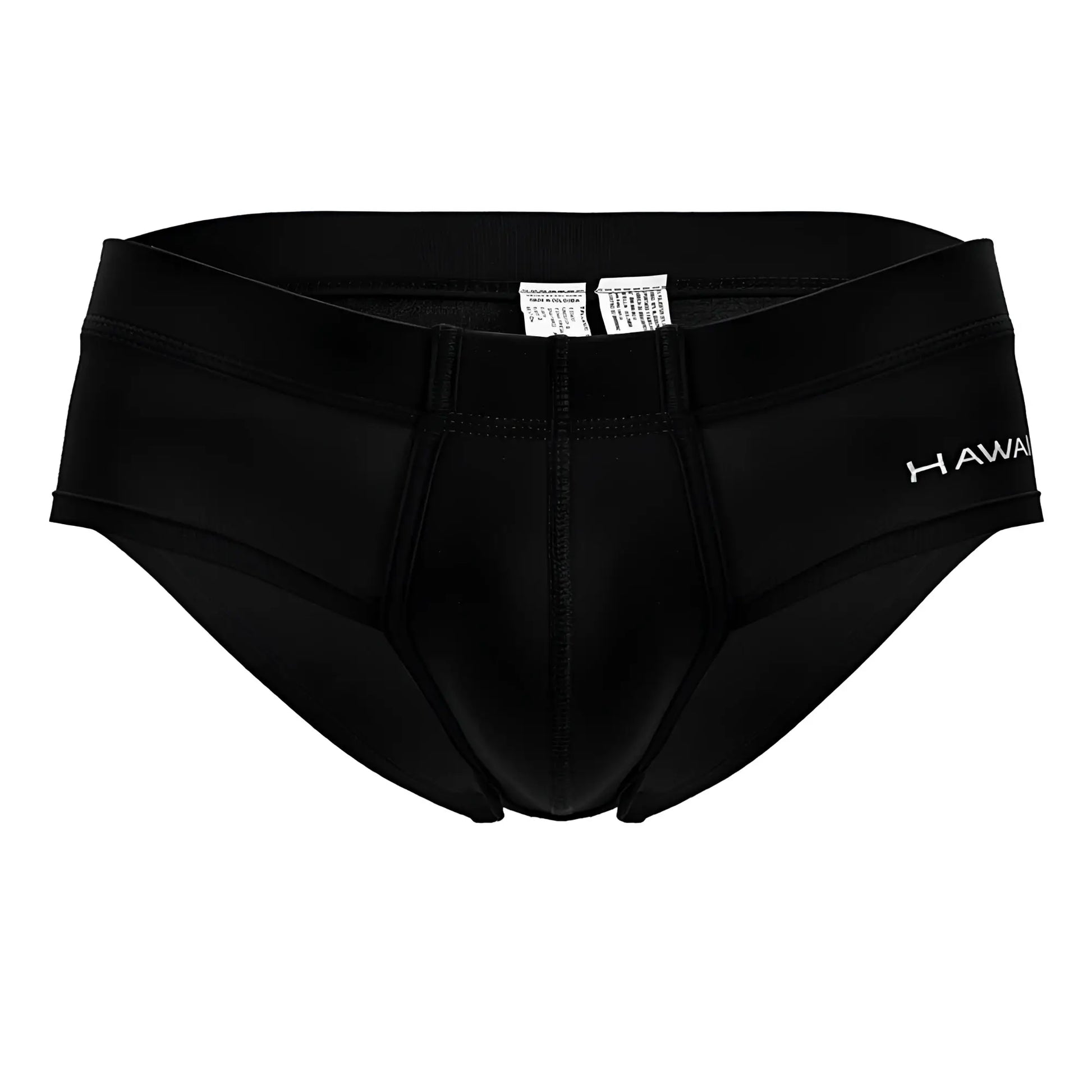 Black Hawaiian brand men’s briefs in black microfiber with smooth fabric and subtle white stitching details