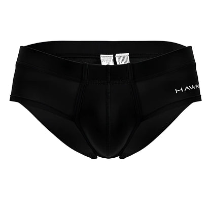 Black Hawaiian brand men’s briefs in black microfiber with smooth fabric and subtle white stitching details