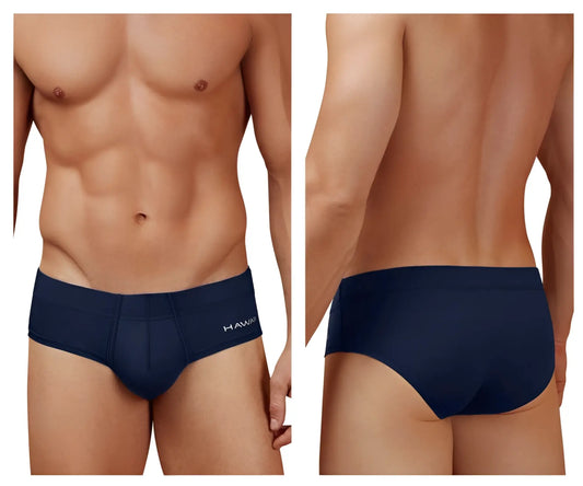 Navy blue hawaï 42241 microfiber men’s briefs with a subtle white hawaï logo on the waistband