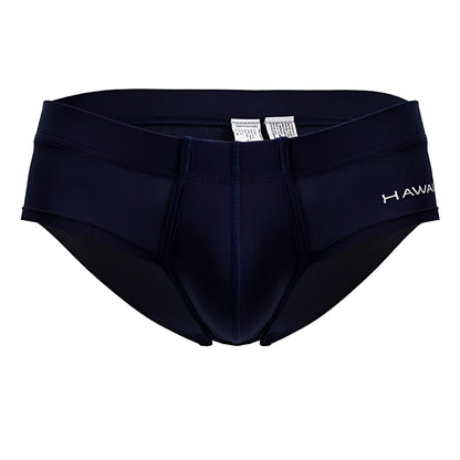 Navy blue microfiber swim trunks with a subtle white hawaii logo on the side from HAWAI 42241 briefs collection