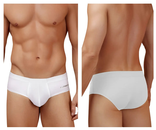 White men’s microfiber briefs in white with a subtle hawaii logo on the waistband model hawai 42241