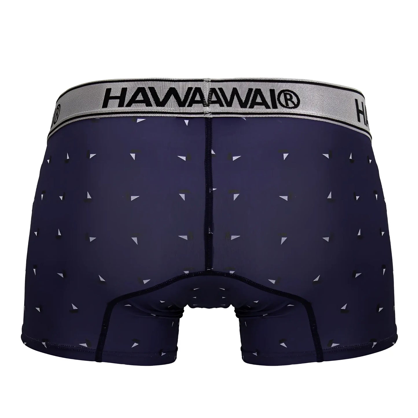Navy blue hawaiawai 42470 printed microfiber trunks with white and black triangle pattern and gray waistband