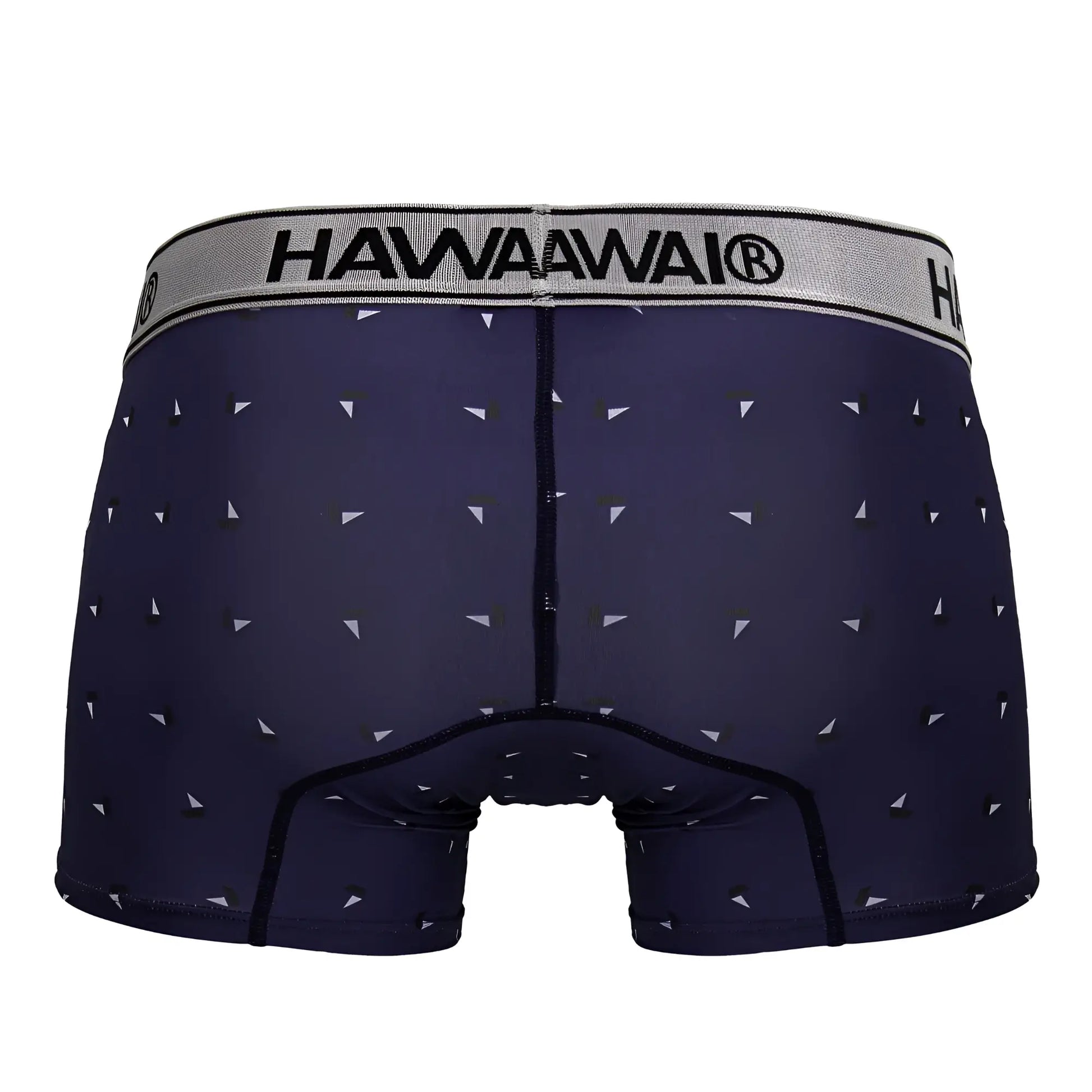 Navy blue hawaiawai 42470 printed microfiber trunks with white and black triangle pattern and gray waistband