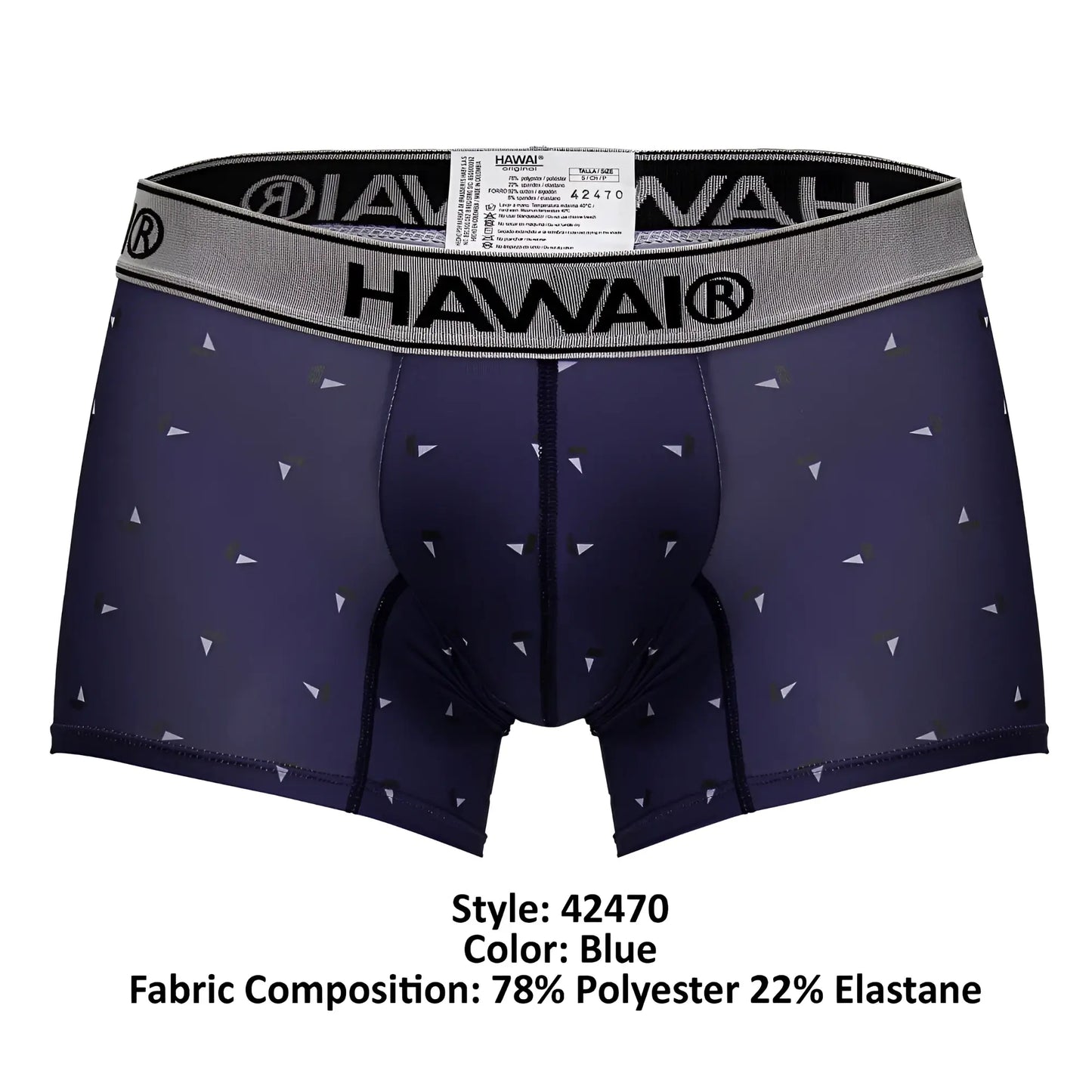 Navy blue hawai 42470 printed microfiber trunks with small white triangles and a gray waistband for comfort