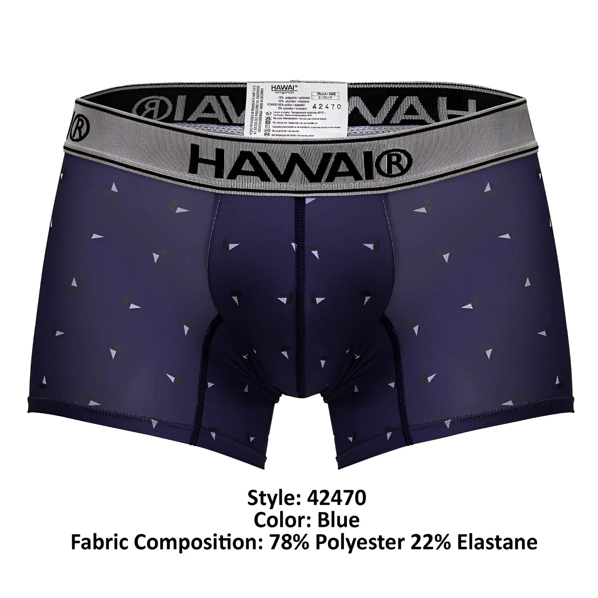 Navy blue hawai 42470 printed microfiber trunks with small white triangles and a gray waistband for comfort