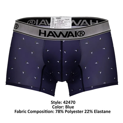 Navy blue hawai 42470 printed microfiber trunks with small white triangles and a gray waistband for comfort