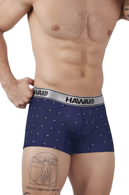 Navy blue hawai 42470 printed microfiber trunks with subtle white triangles and a silver waistband branding