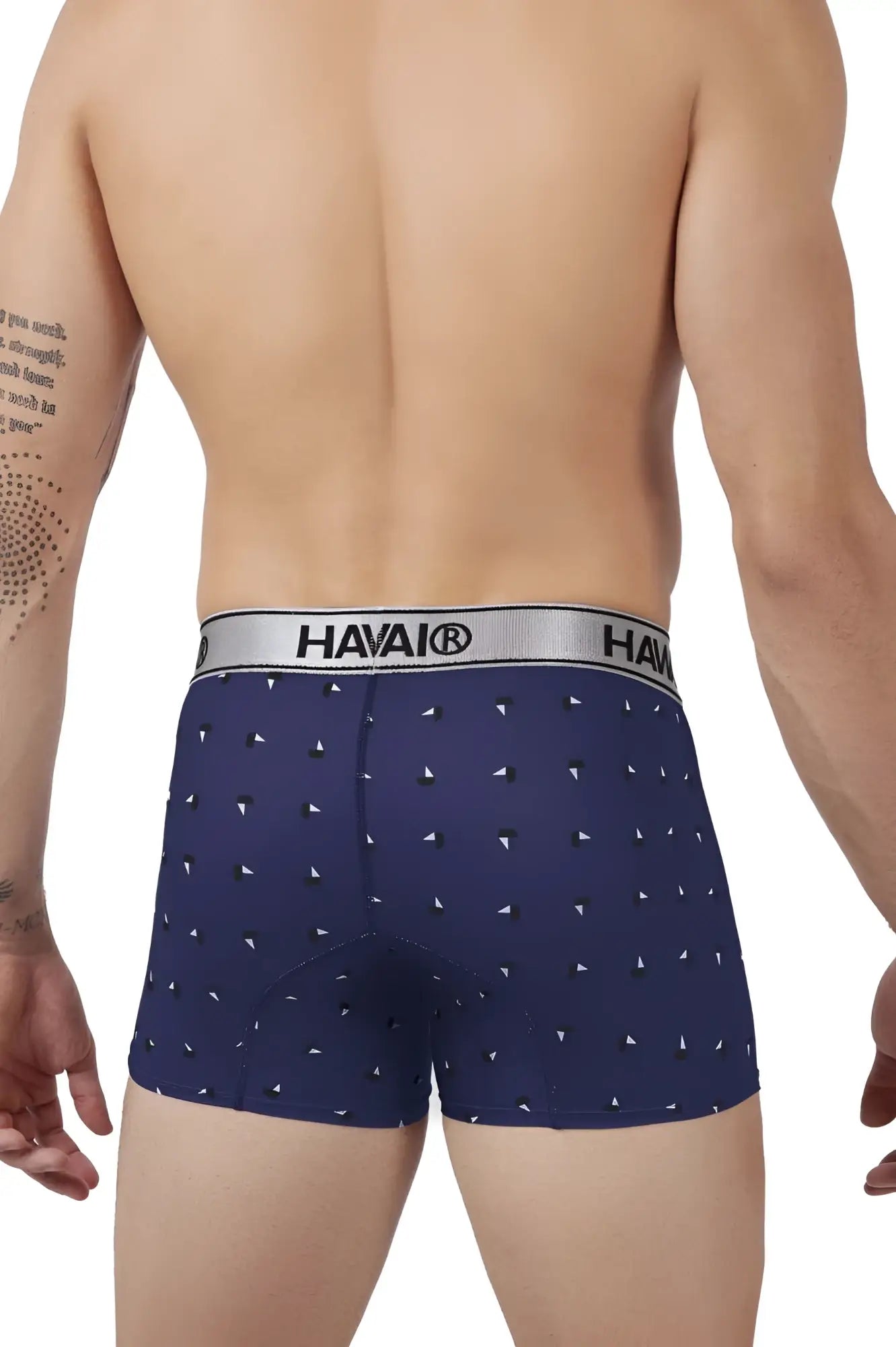 Navy blue hawaio printed microfiber trunks with white triangle pattern and silver waistband for comfortable wear