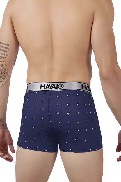 Navy blue hawaio printed microfiber trunks with white triangle pattern and silver waistband for comfortable wear