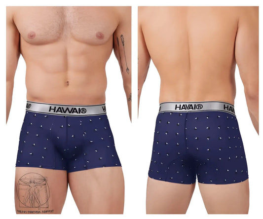 Navy blue havai printed microfiber trunks with white triangle pattern and silver waistband featuring the brand name