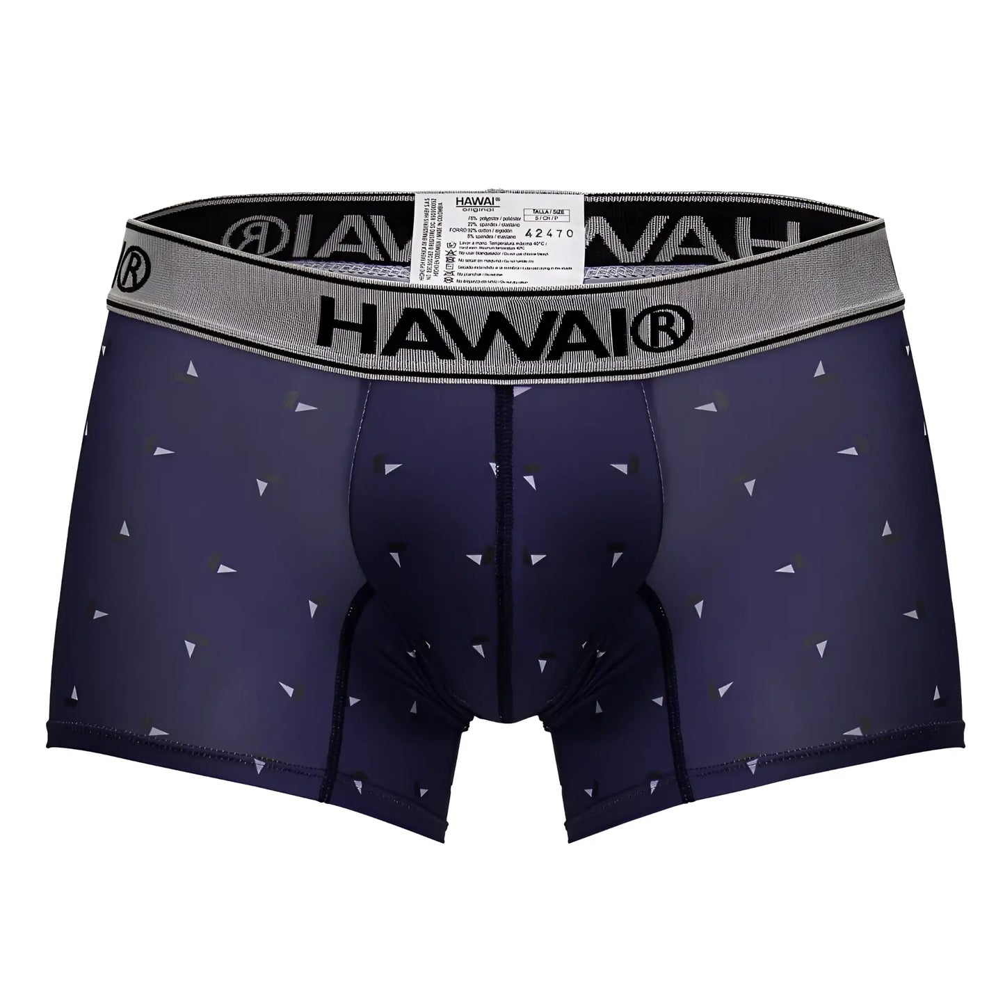 Navy blue hawai 42470 printed microfiber boxer briefs with subtle white and gray triangle pattern on fabric