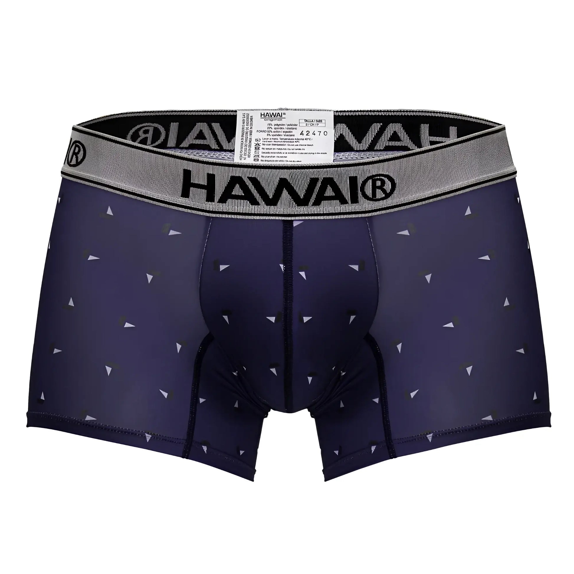 Navy blue hawai 42470 printed microfiber boxer briefs with subtle white and gray triangle pattern on fabric