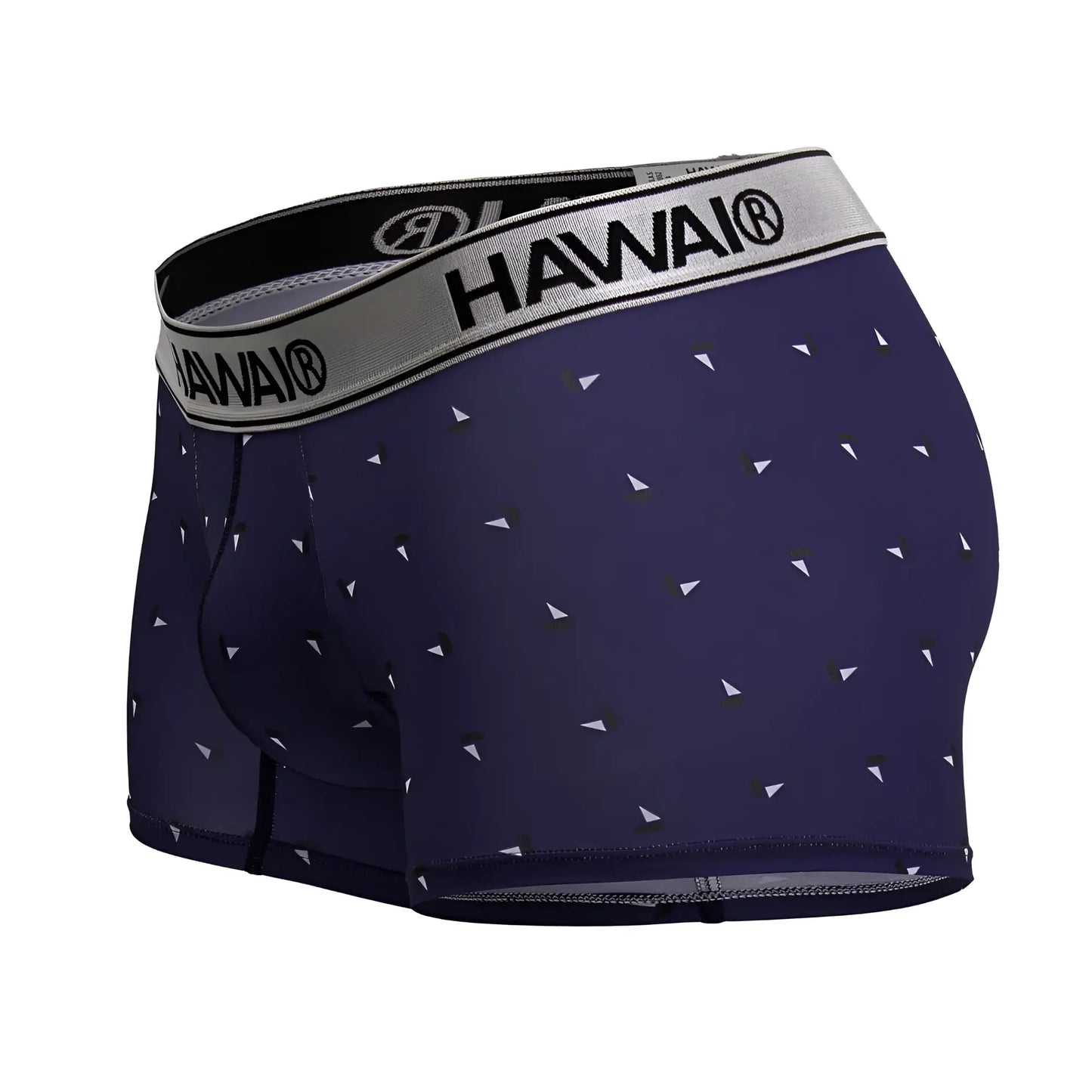 Navy blue hawaiian men’s microfiber boxer briefs with white triangle pattern and gray hawaii logo waistband