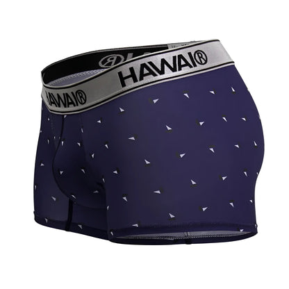 Navy blue hawaiian men’s microfiber boxer briefs with white triangle pattern and gray hawaii logo waistband