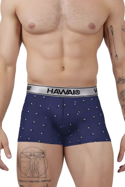 Navy blue hawai 42470 printed microfiber trunks with subtle white triangle pattern and silver waistband