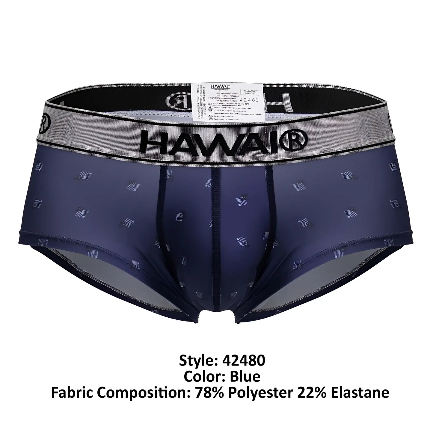 Blue hawai men’s microfiber briefs in blue with subtle geometric pattern and gray elastic waistband