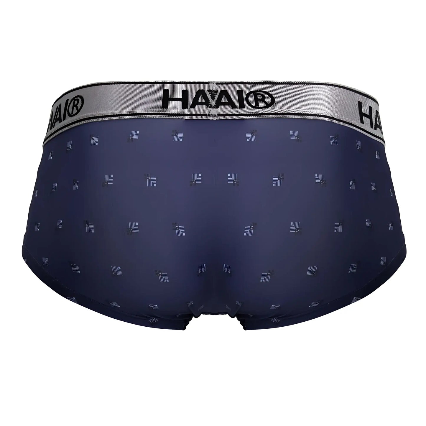 Navy blue haai men’s microfiber briefs with subtle geometric pattern and silver waistband in HAWAI 42480 style