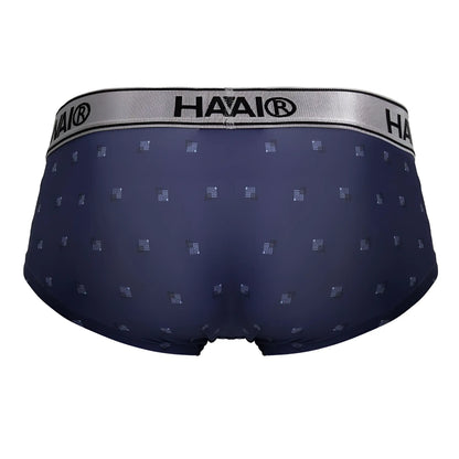 Navy blue haai men’s microfiber briefs with subtle geometric pattern and silver waistband in HAWAI 42480 style