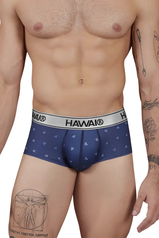 Navy blue Hawai 42480 printed microfiber boxer briefs with subtle geometric pattern and white elastic waistband