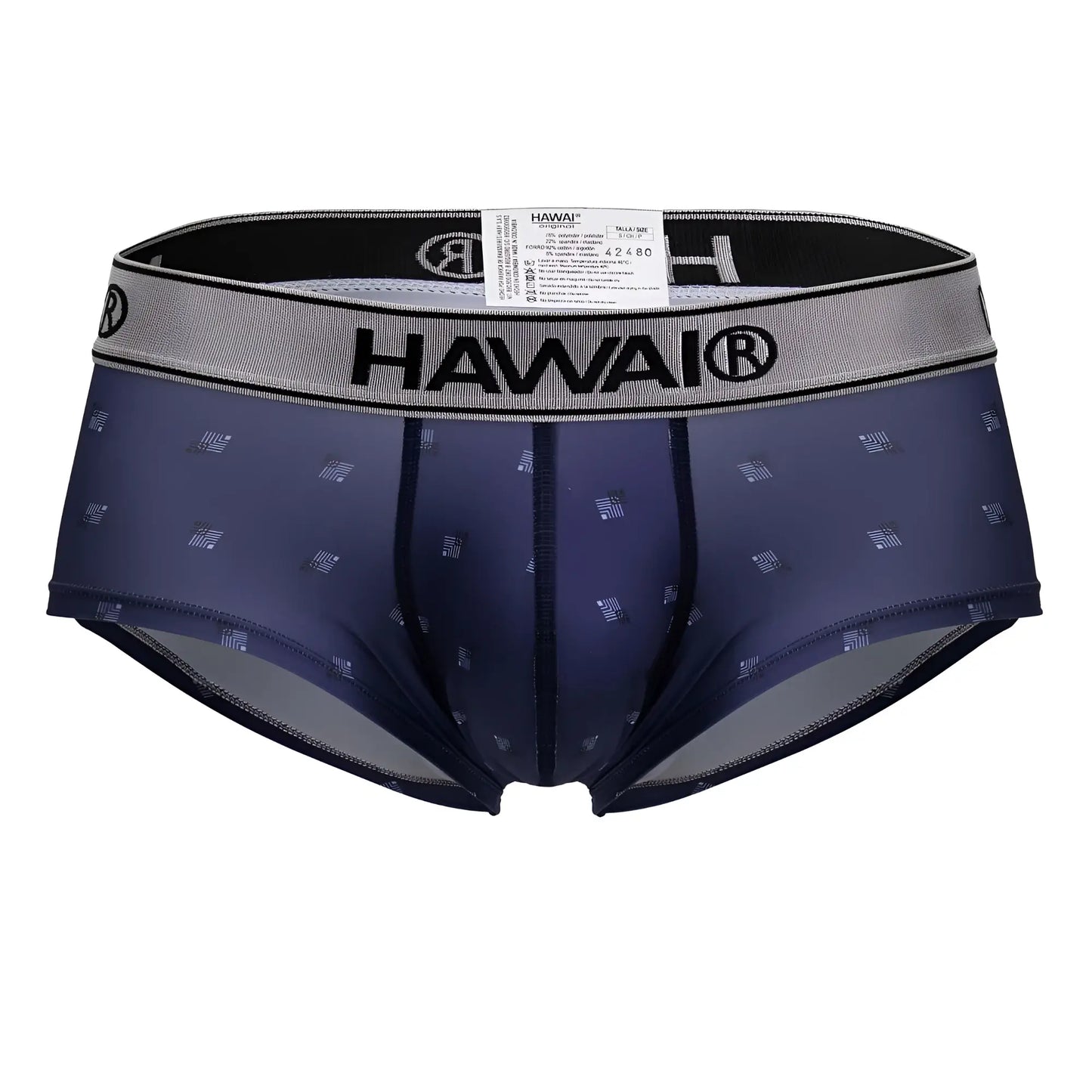 Navy blue Hawai 42480 printed microfiber men’s briefs with subtle geometric pattern and gray elastic waistband