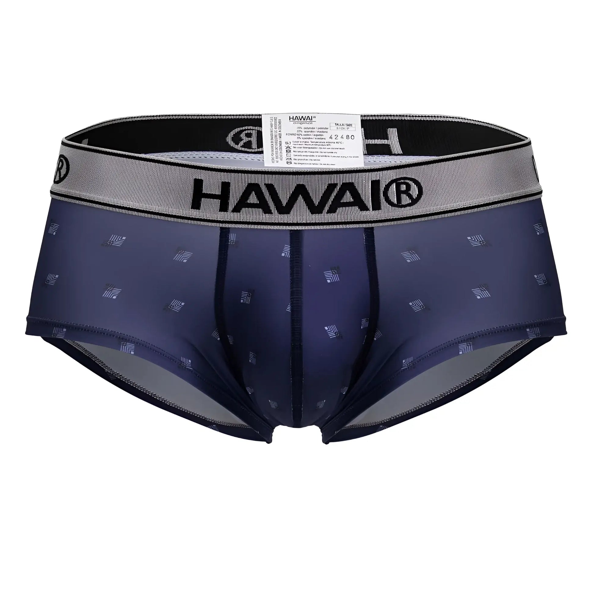 Navy blue Hawai 42480 printed microfiber men’s briefs with subtle geometric pattern and gray elastic waistband