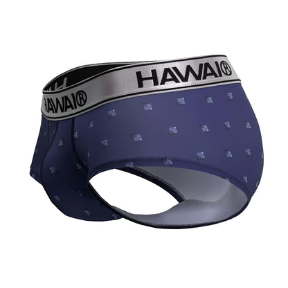 Navy blue Hawai 42480 printed microfiber briefs with a subtle geometric pattern and silver waistband