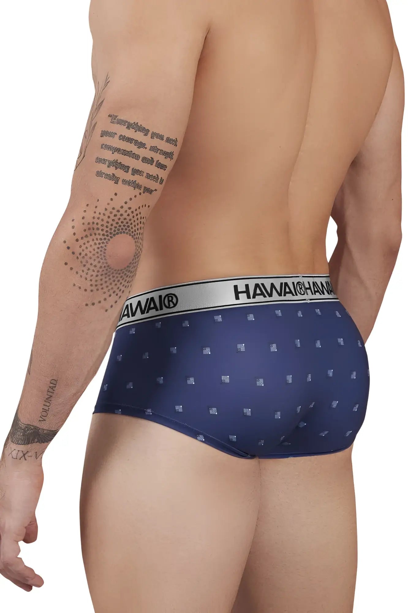 Navy blue hawaiian printed microfiber briefs with subtle white pattern and silver waistband featuring the hawaiian brand name