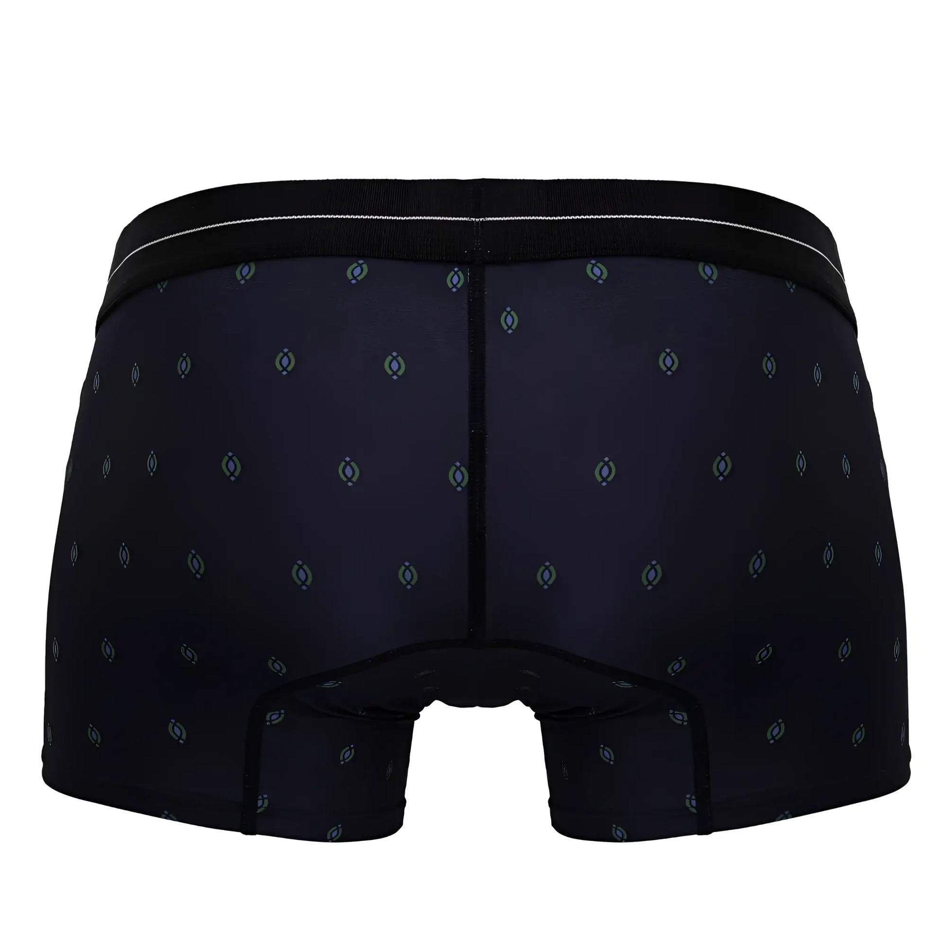Black hawai 42520 printed microfiber trunks with light blue and gray geometric pattern and black waistband with white stripe